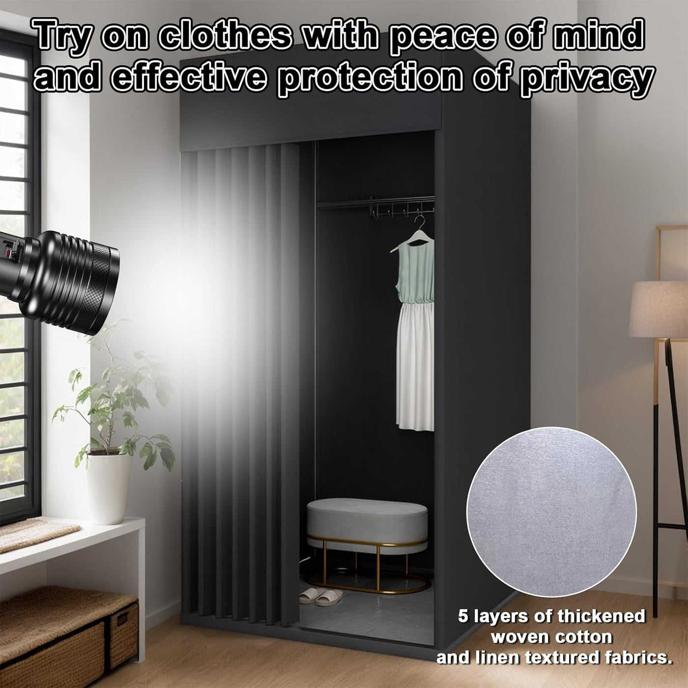 100 × 100 × 200 cm Movable Fitting Room with Sliding Curtain & Hooks