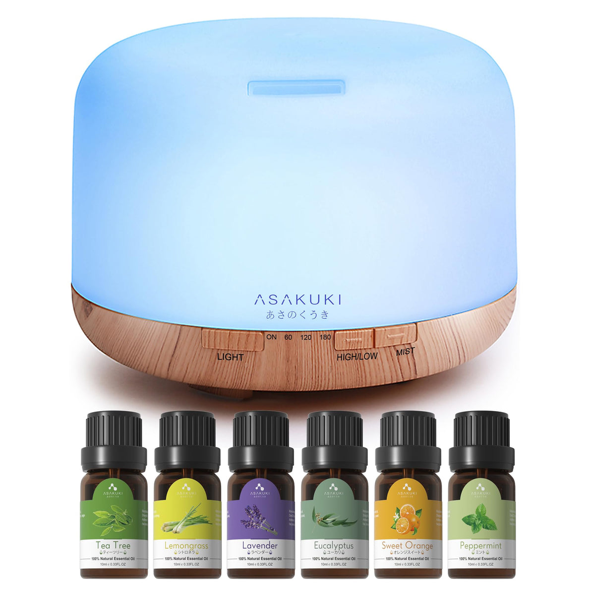 500ml Essential Oil Diffuser, 5 in 1 Ultrasonic Aromatherapy Fragrant Oil Diffusers, Vaporizer Humidifier with Remote Control, Timer, Auto-Off Safety Switch, 7 LED Light Colors