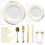 175 Pieces Gold Plastic Dinnerware Set for 25 Guests, (25 Forks, Knives, Spoons, Cups, Straws, Salad & Dinner Plates) for Wedding and Party, Reusable