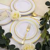 Gold Dinnereware Include Gold Rim Plates, 12oz Gold Cups, Gold Knives, Gold Forks, Gold Spoons, Party Reusable Plates Set, Brittany (Gold)