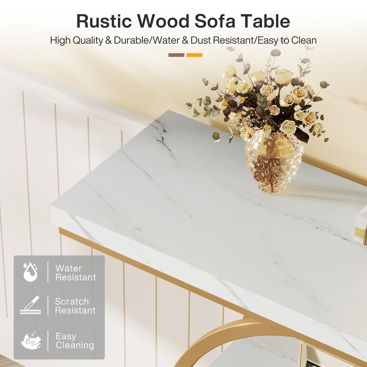 Console Table, 105 cm Industrial 4-Tier Sofa Table Entryway Table with Circle Base, Narrow Wood Accent Tables with Storage Shelves for Living Room, Hallway, Foyer (White Gold)