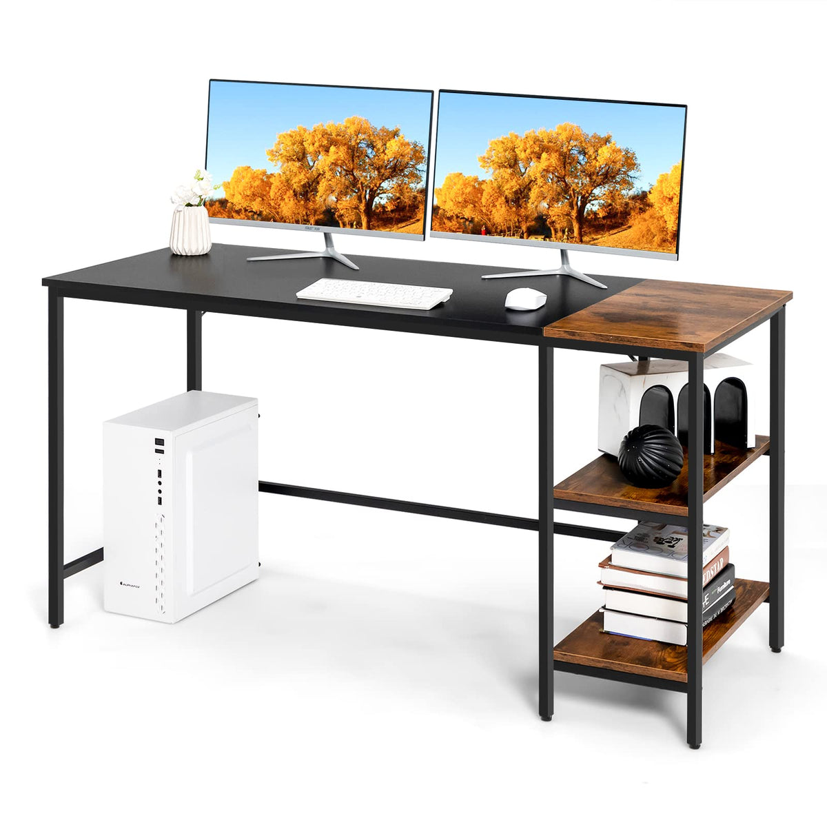140 cm Black Computer Desk with 2-Tier Shelves