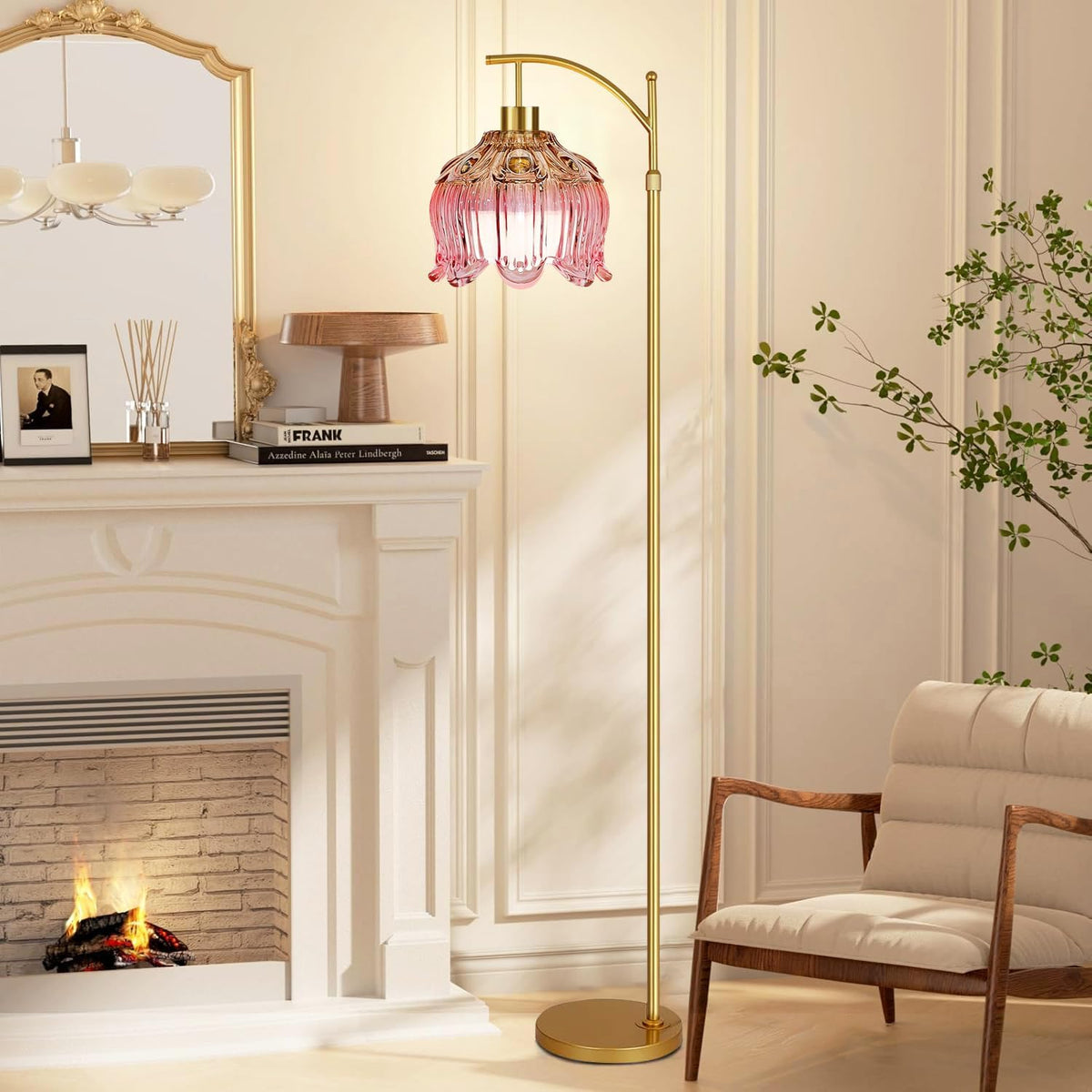 Gold Dimmable Floor Lamp with Pink Glass Shade