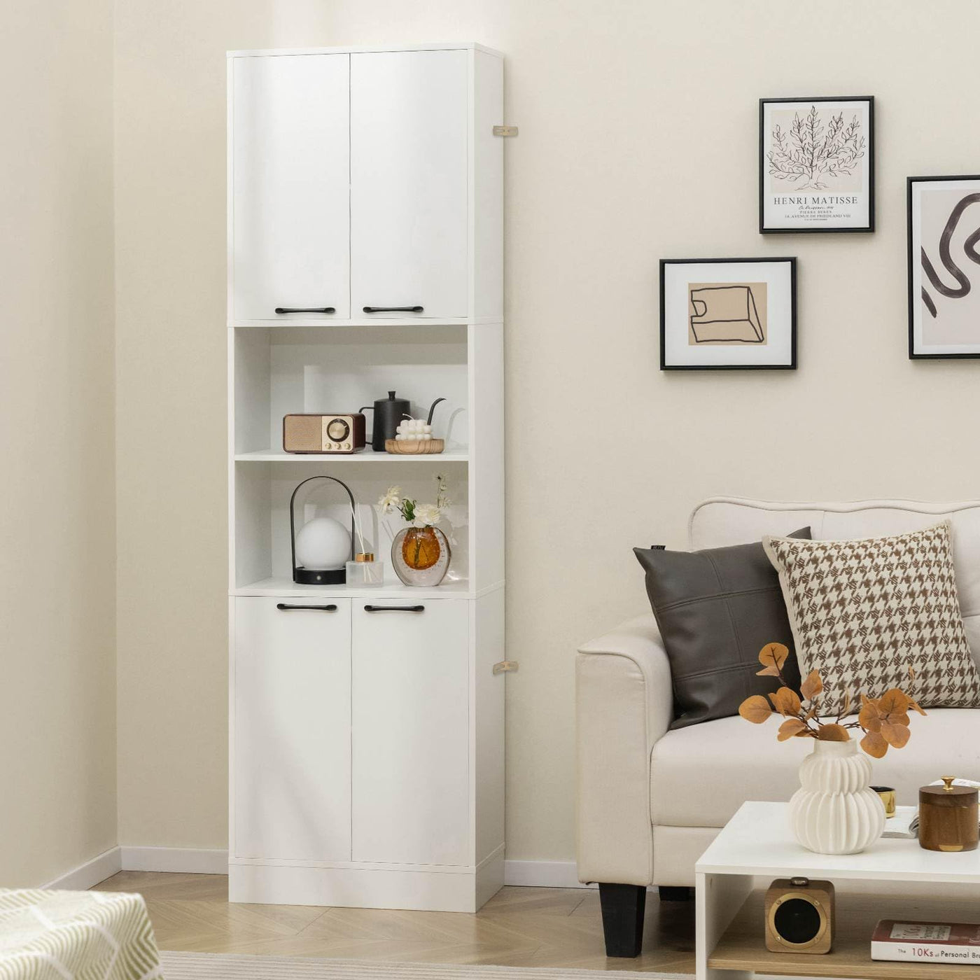 190 cm White Freestanding Pantry Cabinet with Doors & Shelves