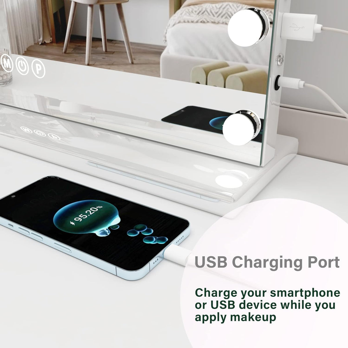 Vanity Mirror with Lights, Hollywood Makeup Mirror with Bluetooth Speaker, Large Vanity Lighted Mirror with 15 Dimming LED Bulbs, 3 Color Modes USB Port, Tabletop or Wall-Mounted