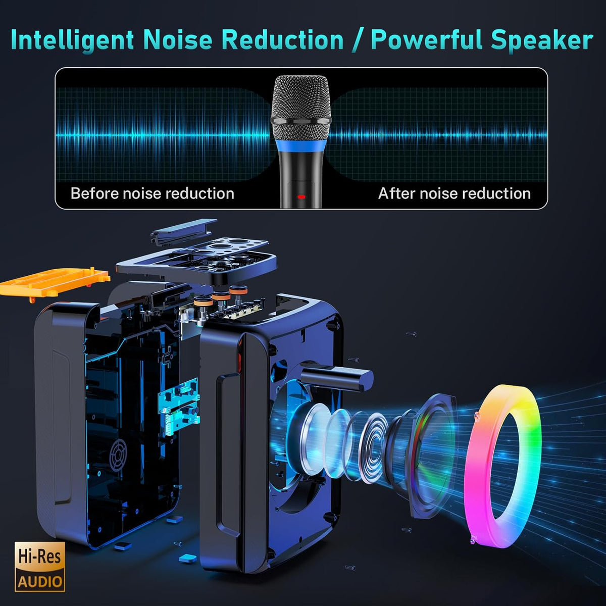 D13 Black Bluetooth Karaoke Speaker with 2 Microphones & DJ Lights
