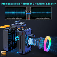 Karaoke Machine with 2 Microphones, Bluetooth Portable Speaker with DJ Party Lights, Support TWS, REC & PA, Ideal for Birthdays, Family Gatherings & Events (Black)