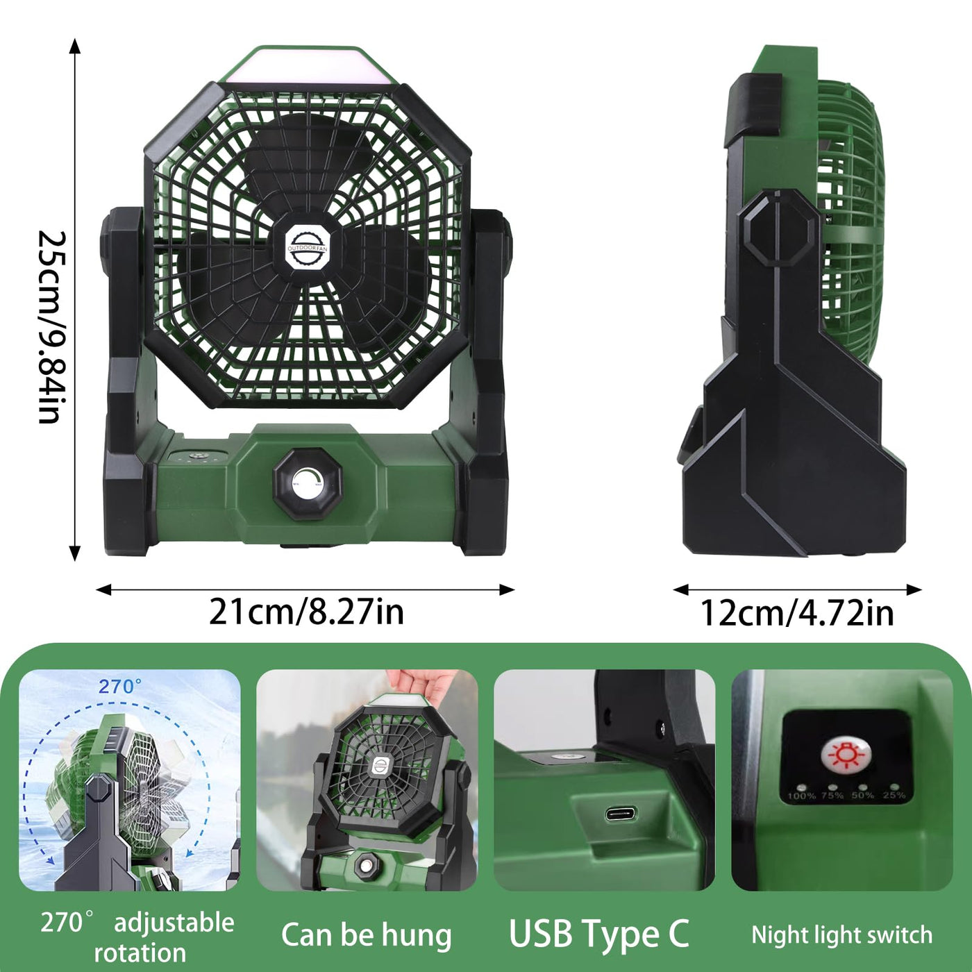 7800 mAh Rechargeable Camping Fan with LED Lantern – Green