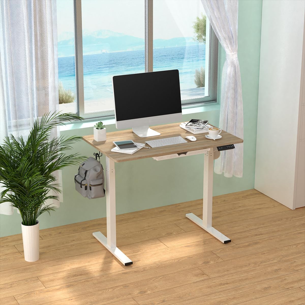 100 x 60cm Electric Standing Desk, Height Adjustable Stand Desk with Drawers,Sit Stand Computer Home Office Desk (Oak Top White Legs)