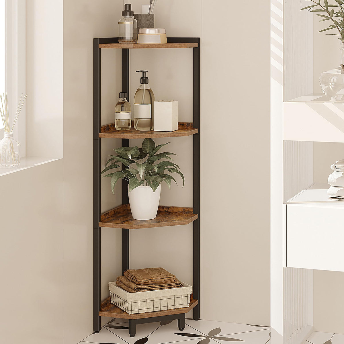 Freestanding Corner Shelf with Metal Frame
