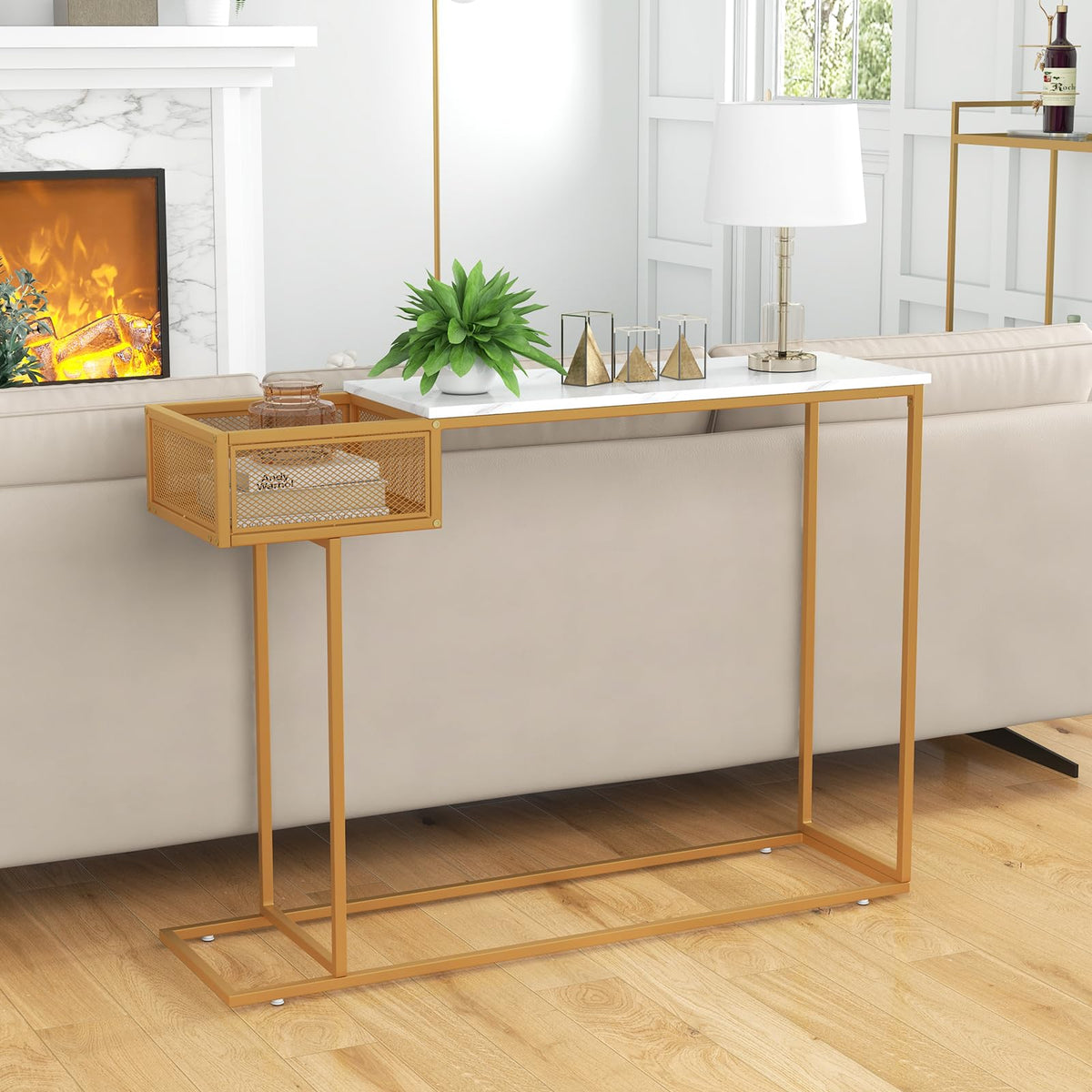White Faux-Marble Console Table with Wire Basket