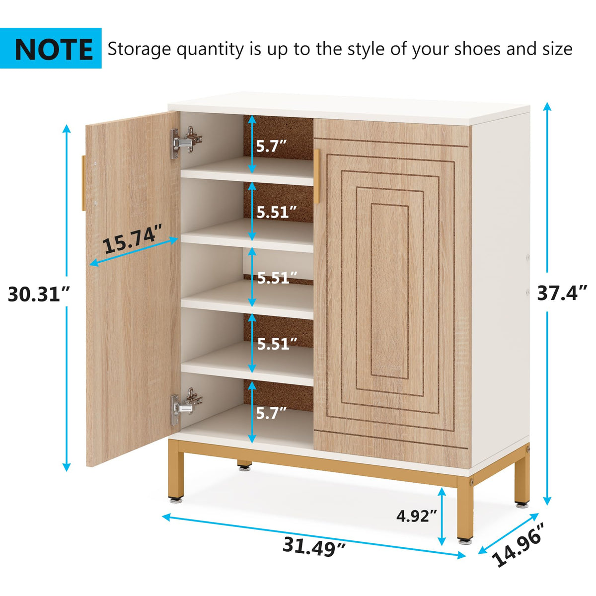 80 × 38 × 77 cm White Shoe Cabinet with 5 Shelves & 2 Doors
