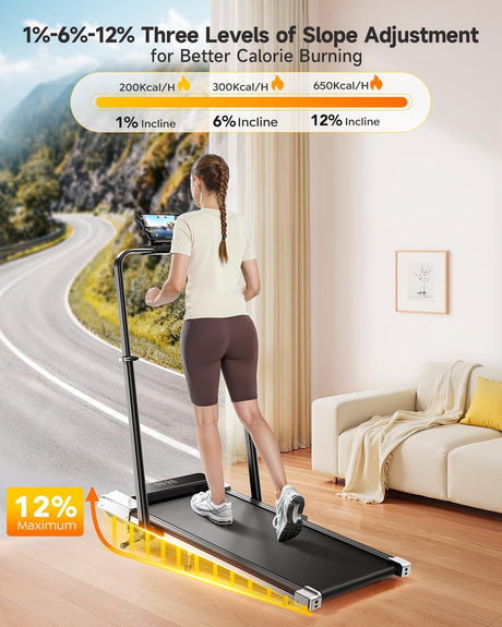 Walking Pad Treadmill with Incline 12%, Alloy Folding Treadmill with Adjustable Handle Bar for Home/Office, Under Desk Treadmills Walking Pad with App, Mute Control