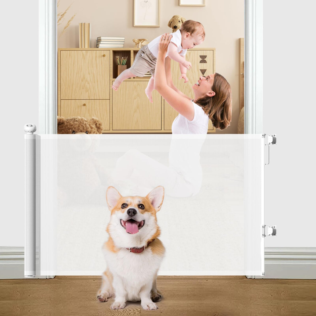 Premium Retractable Baby and Pet Gate - 33"/84cm Tall, Expands up to 55"/140cm, Ensuring Safety for Kids and Pets, Mesh Safety Gate for Stairs, Indoor, Outdoor, Doorways, Hallways