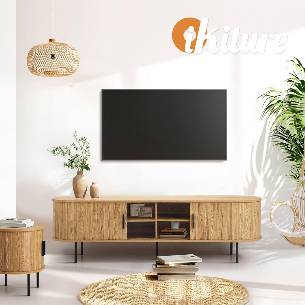 160 cm TV Cabinet with Tambour Sliding Door