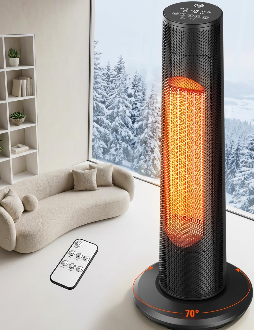 Portable Heater, 63CM 2000W PTC Ceramic Heater w/Remote, 1S Heating 30m², 12H Timer, 70° Oscillation, Adjustable Thermostat Fan Heater, Overheat & Tip-Over Protection Room Heater for Bedroom