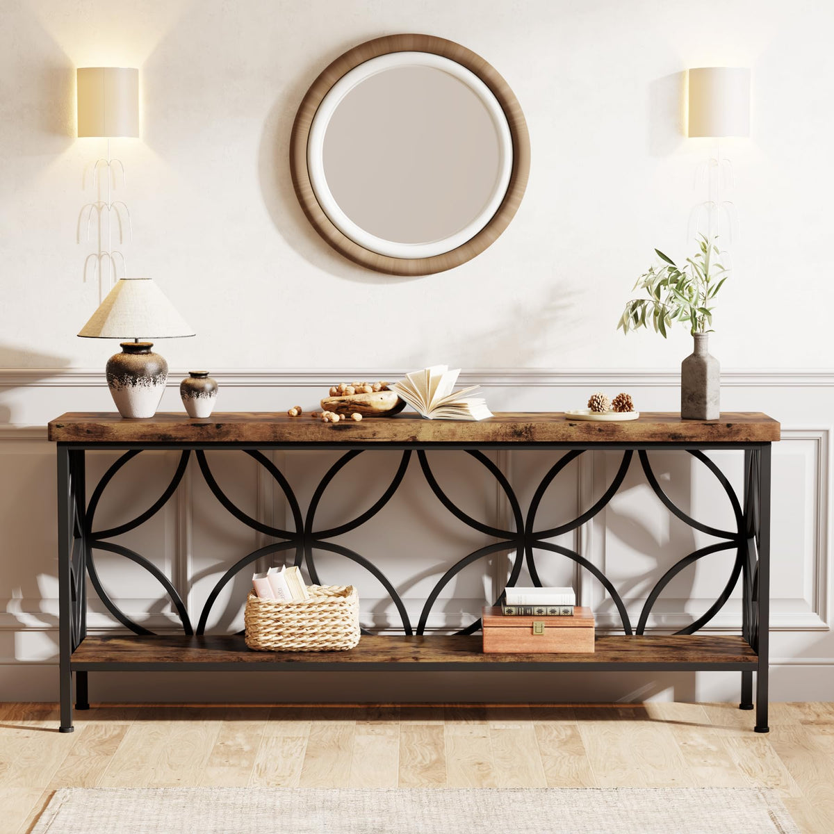 Narrow Sofa Table, Industrial Long Sofa Table Behind Couch, Entry Console Table with Storage for Entryway, Living Room, Foyer, Unique Design, Rustic Brown 70.9-Inch