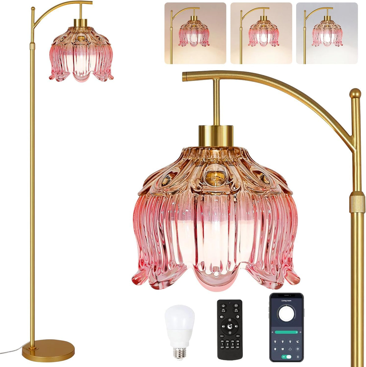 Gold Dimmable Floor Lamp with Pink Glass Shade