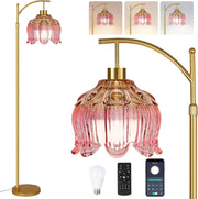 Gold Dimmable Floor Lamp with Pink Glass Shade