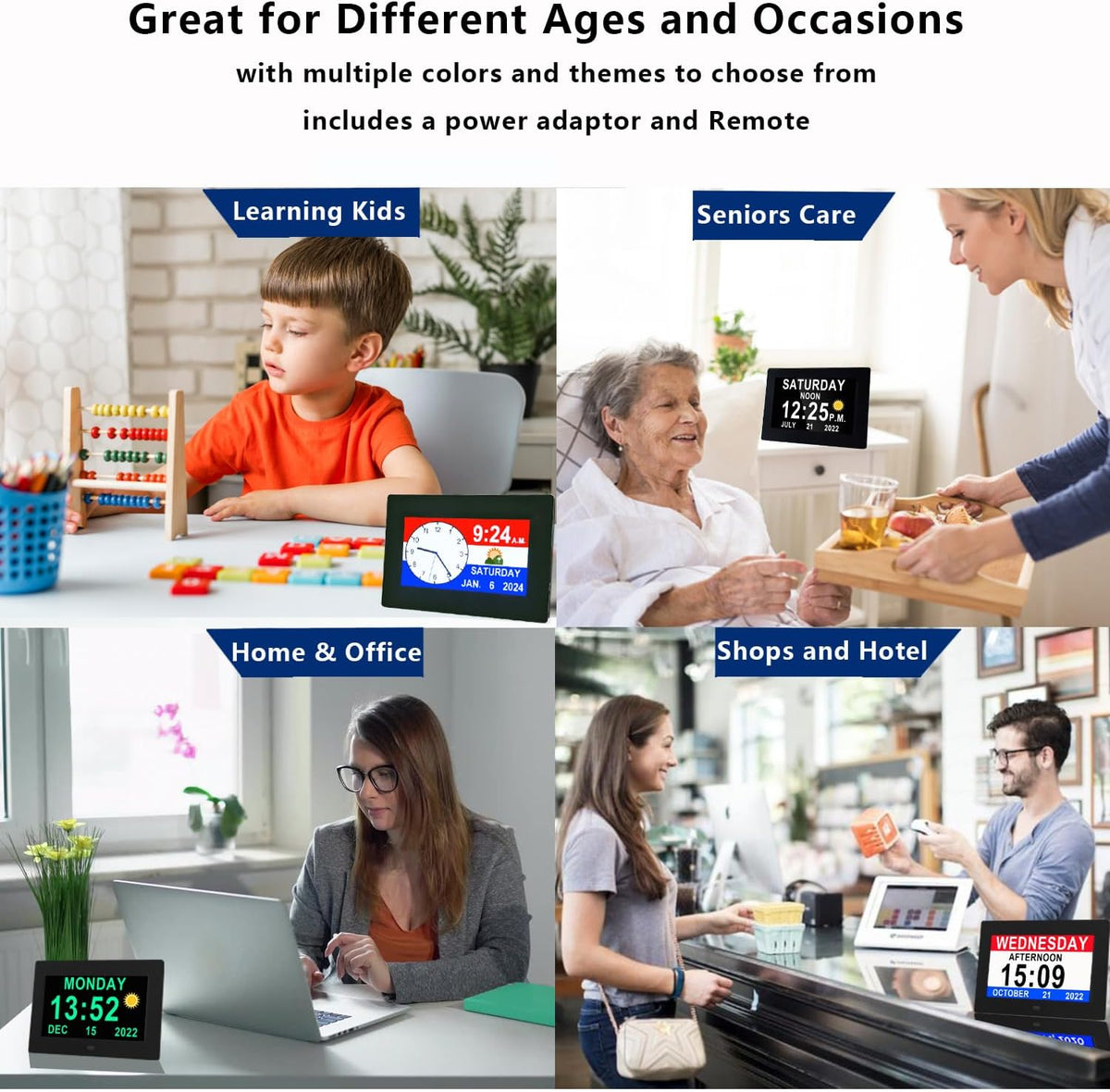 19 Alarms Day Date Clock Dementia Clock Digital Alarm Clock, 15 Custom Reminders, Auto Night Dimming, Non-Abbreviated Calendar Clock with 5 Colors, 6 Display Effects