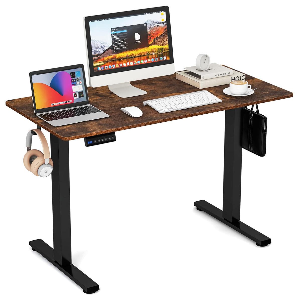 Electric Standing Desk, Sit Stand Home Office Desk with 3 Memory Height Settings, Height Adjustable Computer Desk with 2 Hanging Hooks & Cable Management