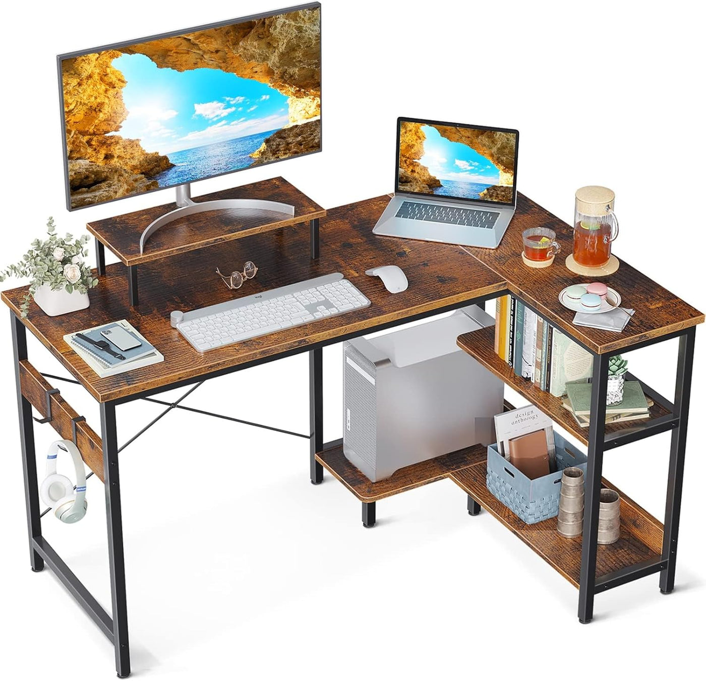 Reversible L-Shaped Desk with Shelves & Monitor Stand