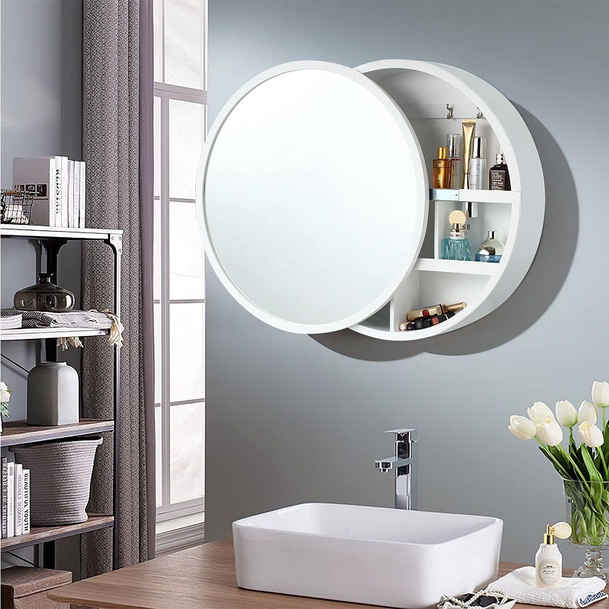 60 cm Round Sliding-Door Mirrored Bathroom Cabinet