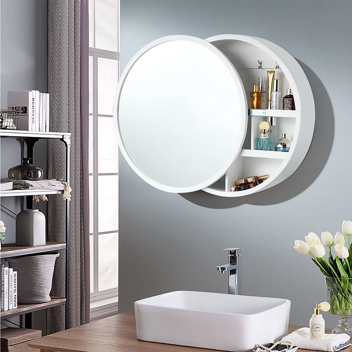 60 cm Round Sliding-Door Mirrored Bathroom Cabinet