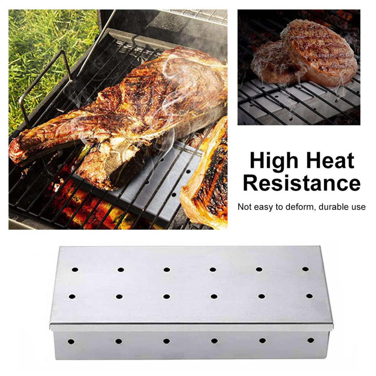 Stainless-Steel BBQ Smoker Box with Hinged Lid