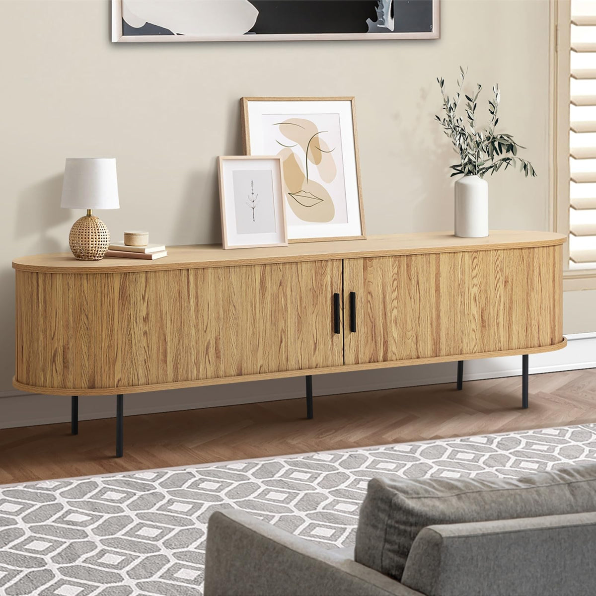 160 cm TV Cabinet with Tambour Sliding Door