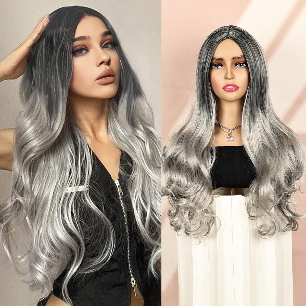 24-Inch Glueless Wavy Synthetic Wig – Silver Grey