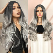 24-Inch Glueless Wavy Synthetic Wig – Silver Grey