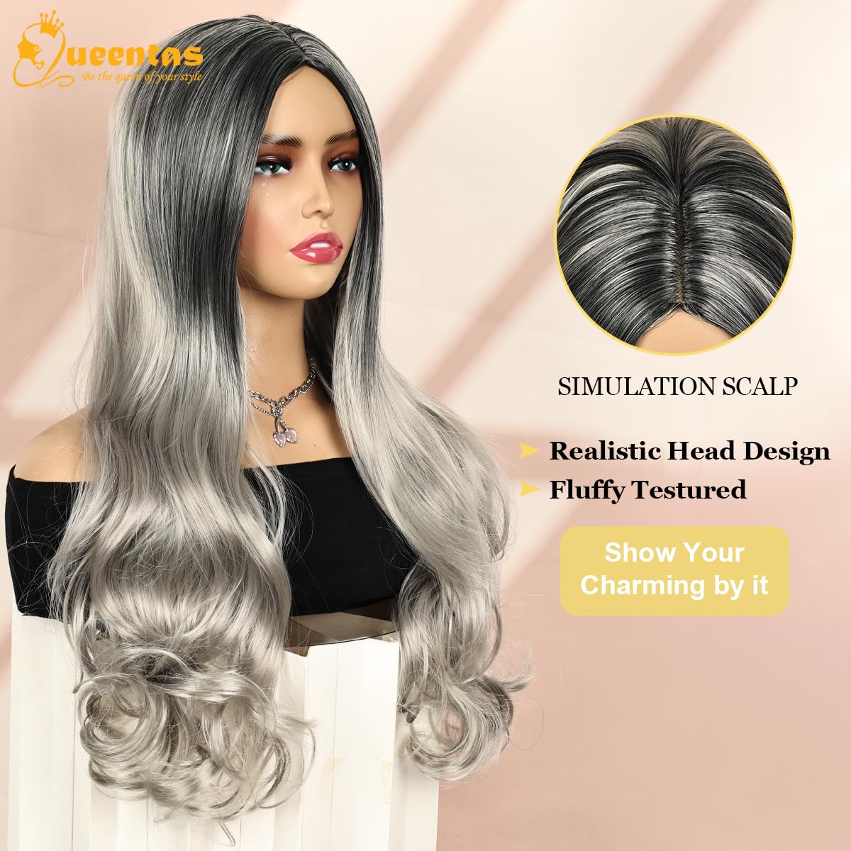 24-Inch Glueless Wavy Synthetic Wig – Silver Grey