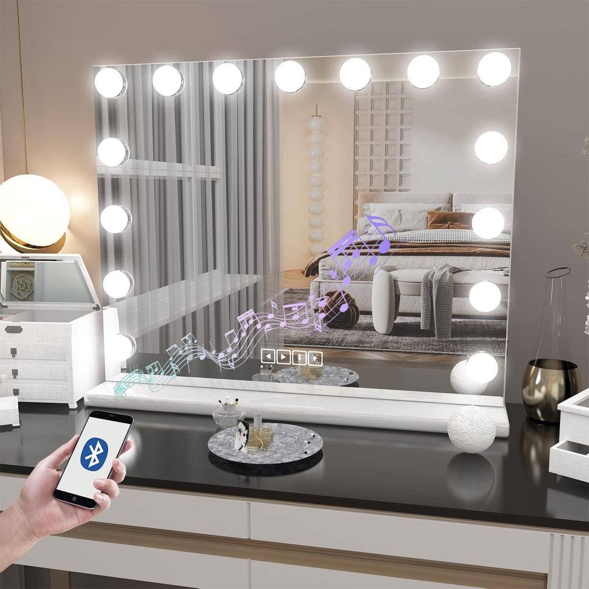 Vanity Mirror with Lights, Hollywood Makeup Mirror with Bluetooth Speaker, Large Vanity Lighted Mirror with 15 Dimming LED Bulbs, 3 Color Modes USB Port, Tabletop or Wall-Mounted