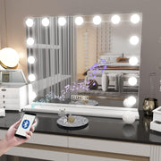 Vanity Mirror with Lights, Hollywood Makeup Mirror with Bluetooth Speaker, Large Vanity Lighted Mirror with 15 Dimming LED Bulbs, 3 Color Modes USB Port, Tabletop or Wall-Mounted