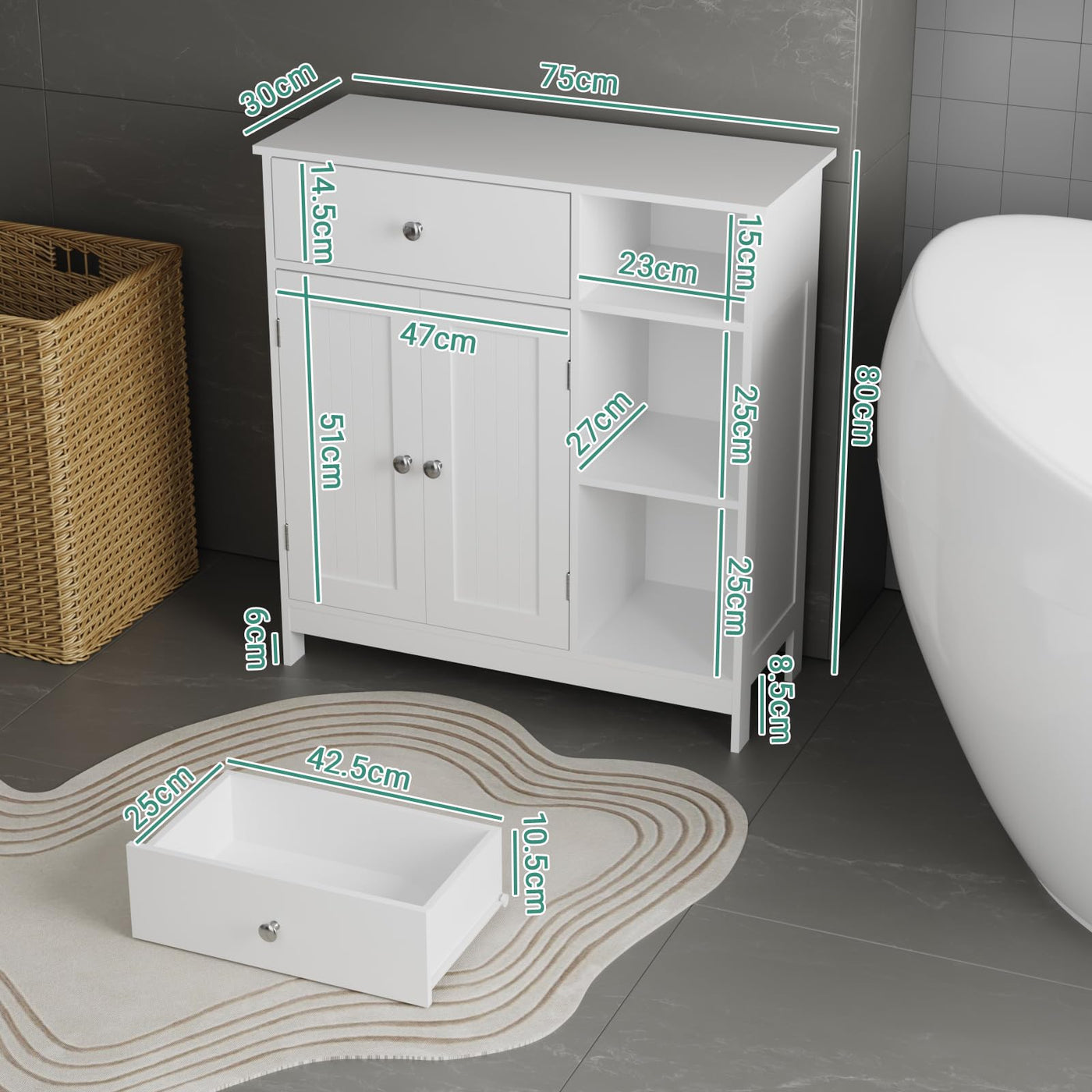 White Freestanding Storage Cabinet with Drawer & Shelves