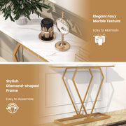 Modern Console Table, Faux Marble Narrow Entryway Table with Diamond Shape Geometric Frame, 100 cm Modern Accent Table with Anti-Tipping Device for Living Room Hallway Entrance, White & Gold