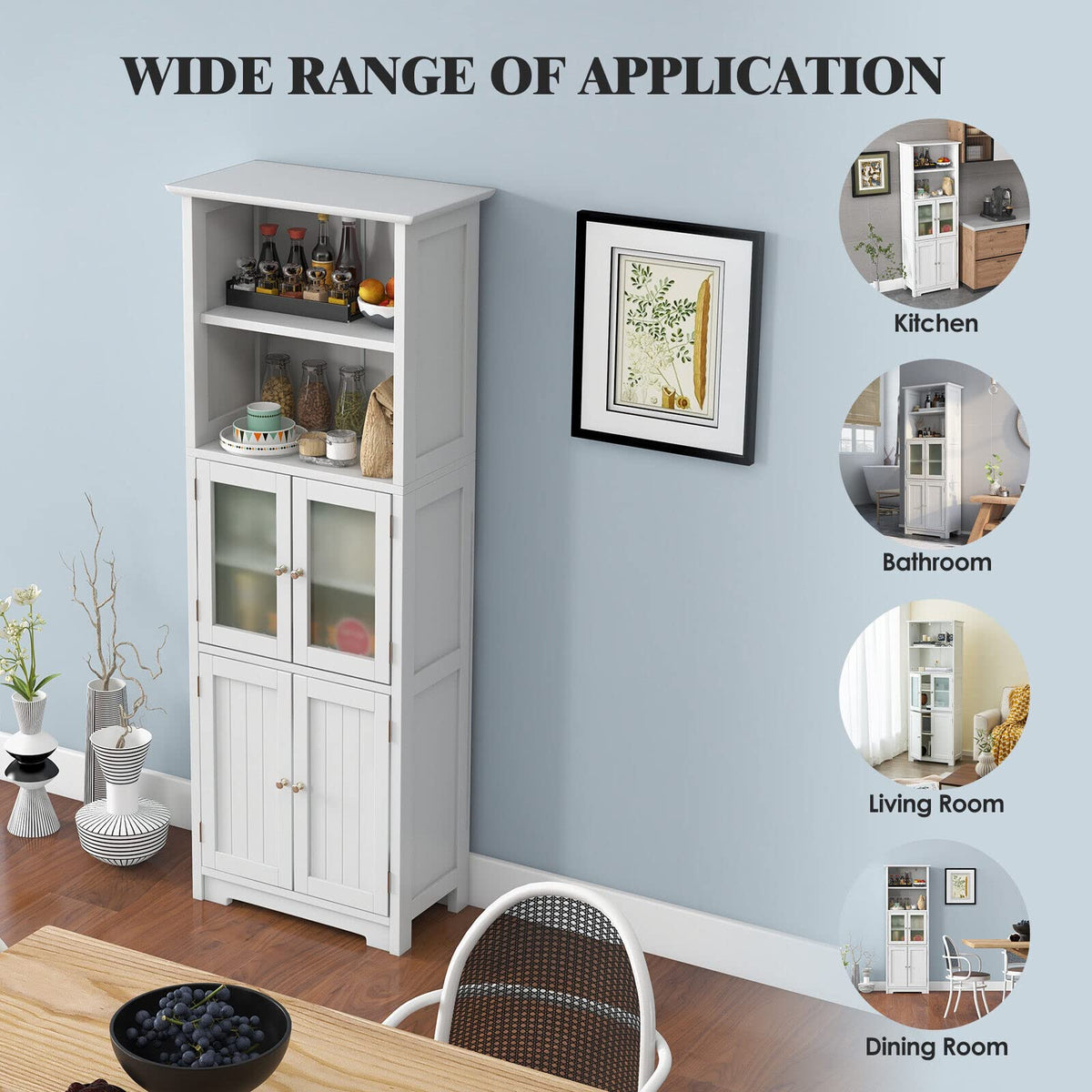 White Tall Pantry Cabinet with Glass Doors & Adjustable Shelves