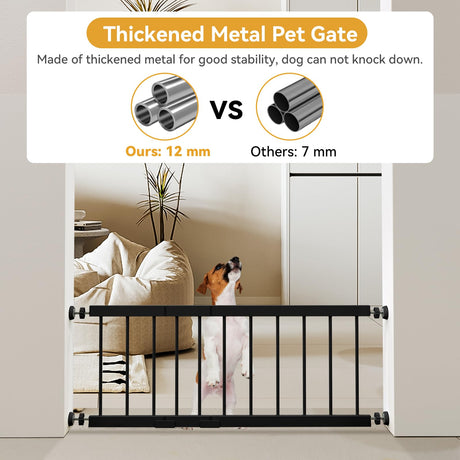 Dog Gate Indoor,18"-45" Adjustable Extra Wide Metal Short Dog Gate to Step Over, 18" Tall Small Pet Gate with 3 Extension Kits, Pressure Mounted Dog Gate for Doorways & Stairs Black