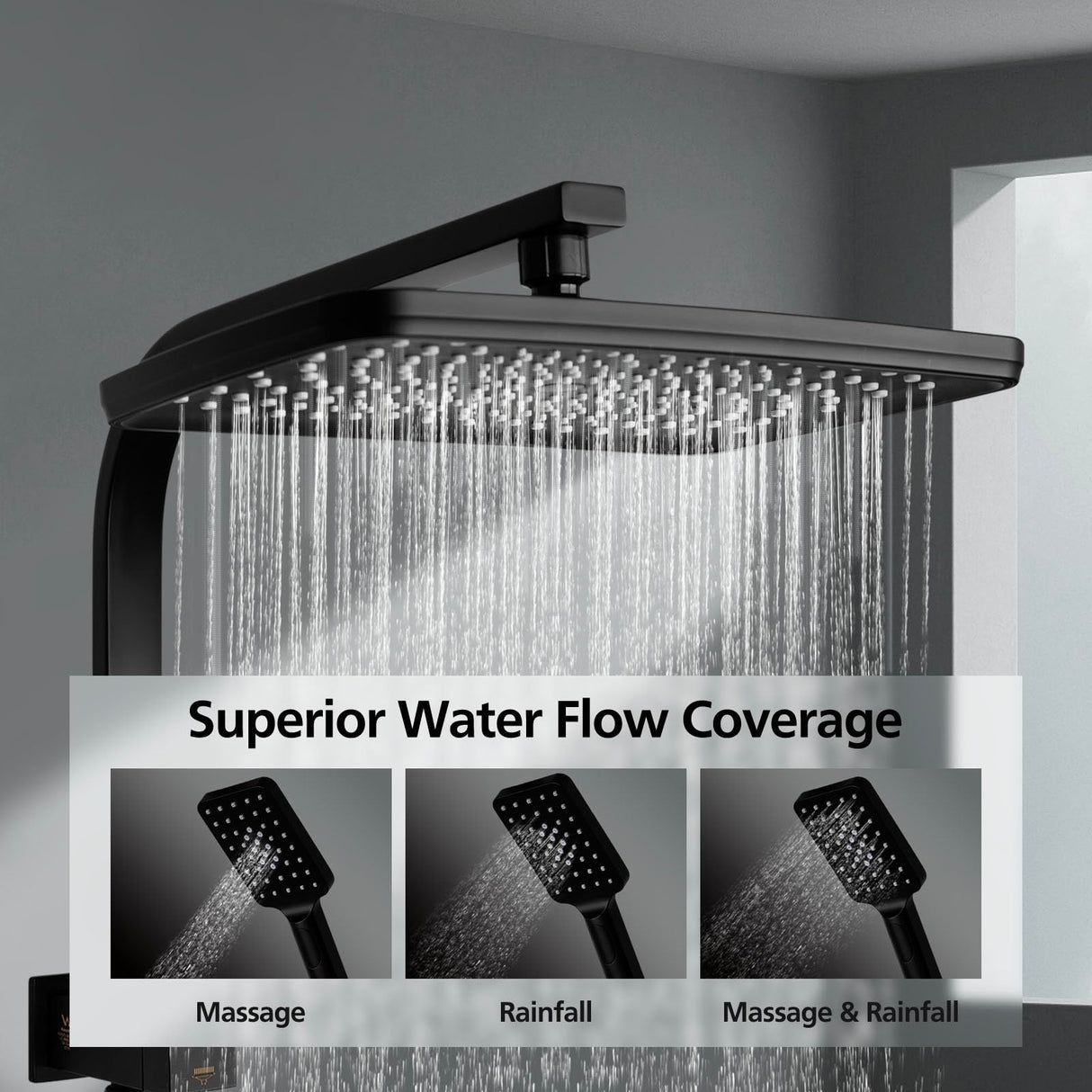 ACA International 12" Rectangle Extra Large High Pressure Shower Head Handheld Gooseneck Arm 2 in 1 Diverter Set, 3-Mode Handheld Shower Hand, Full Body Shower Set for Bathroom (Black)