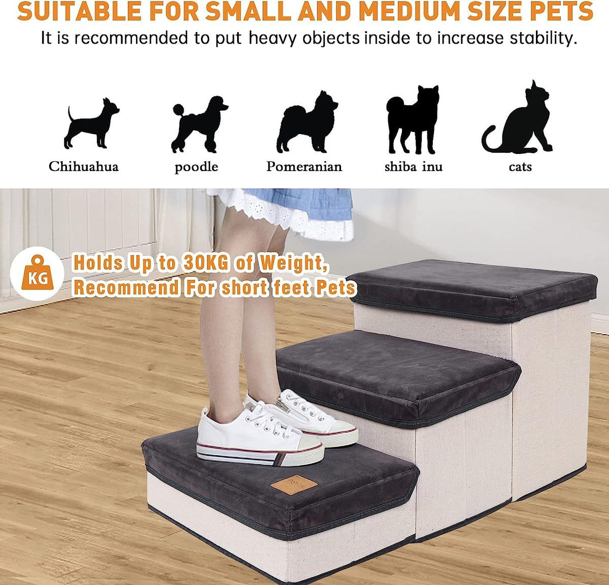 3-Step Foldable Pet Stairs with Storage Boxes