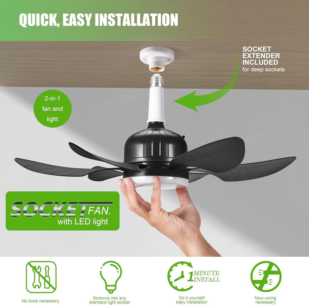 Socket Fan Light with Remote, Small Ceiling Fan with Light, 3 Colors 3500K-6000K, Easy to Install E27 Screw Base, Suitable for Bedroom, Living Room, Kitchen, Black