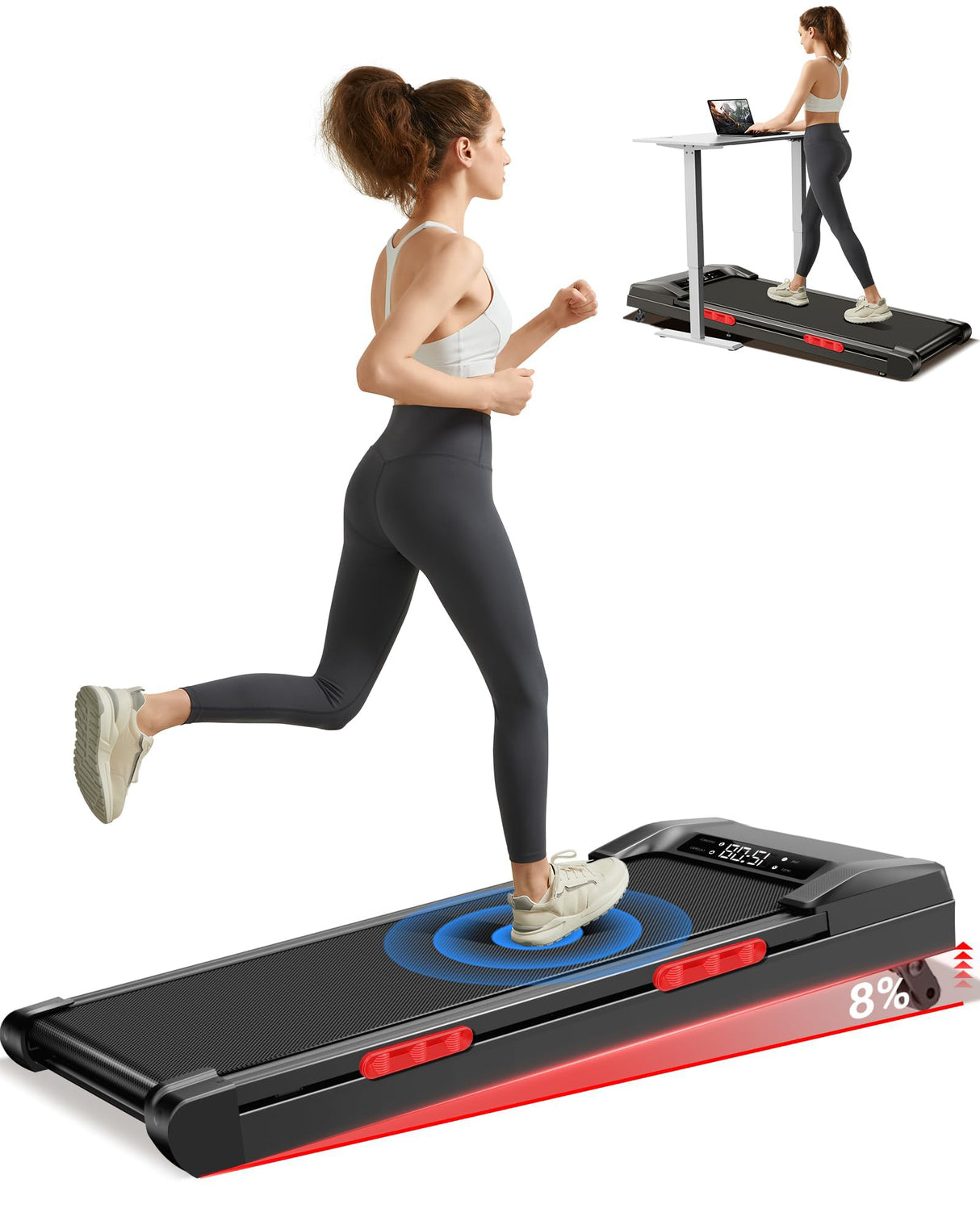 10% Incline Treadmill with Handle for Home and Office, Foldable Treadmills with 265 Lbs Weight Capacity, 2.5HP Quiet Walking Pad Treadmill, Three LED Screen Display