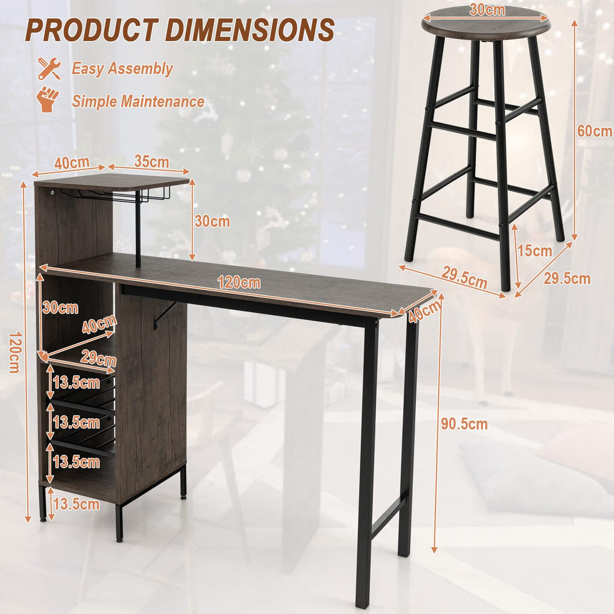 3-Piece Bar Table Set with Wine & Glass Storage