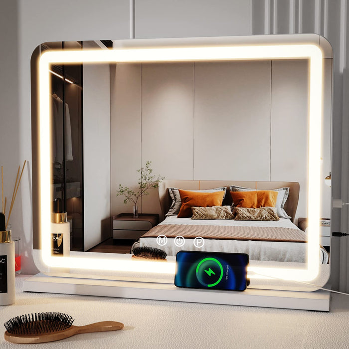 Vanity Mirror with Lights, 23 Inch Large Makeup Mirror with LED Lights, Smart Touch Dimmable 3-Color Light, Memory Function, USB Charging Port, and Magnifying Glass