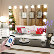 Vanity Mirror with Lights, Hollywood Makeup Mirror with Bluetooth Speaker, Large Vanity Lighted Mirror with 15 Dimming LED Bulbs, 3 Color Modes USB Port, Tabletop or Wall-Mounted