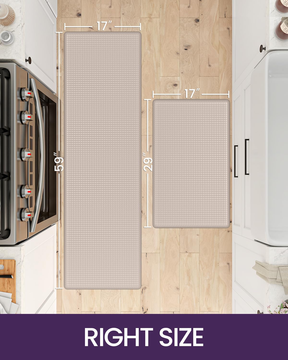 2-Piece Beige & White Cushioned Kitchen Mat Set – 43 × 74 & 43 × 150 cm