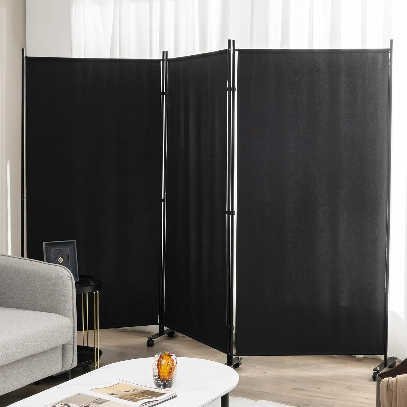 180cm Rolling 3-Panel Room Divider – Black or White Star