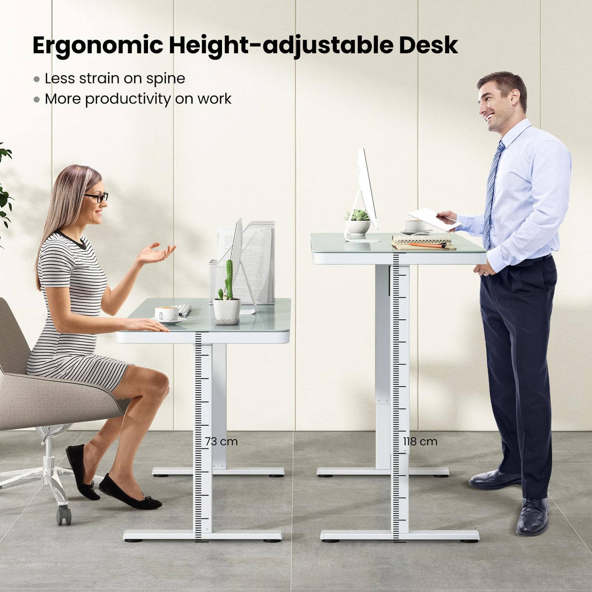 Electric Standing Desk with Drawer, Height Adjustable Desk with Whole Piece Tempered Glass Top, Sit Stand Desk with 2 Memory Positions & USB Type-C Outlets for Home Office 120x60 cm