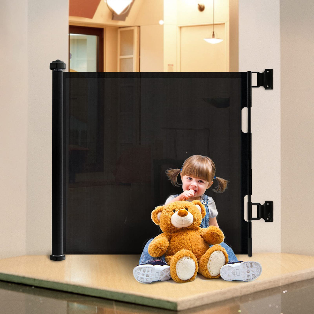 Retractable Safety Gate Baby Gate Dog Gate for Door Stair, Durable Mesh and Rotary Lock Design, 86cm Tall Extends up to 150cm Wide Gate Black Color